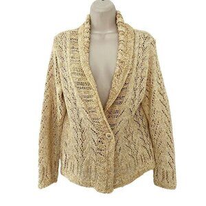 Coldwater Creek Women's Sz M Yellow Crochet Knit Cardigan Sweater Shawl Collar